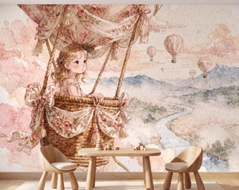 Vintage Watercolor Shabby Chic Hot Air Pink Balloon Girl Wallpaper Mural, Whimsical Nursery Kids Room Wall Decor Art
