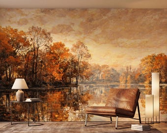 Autumn Landscape Oil Painting Wall Mural, Impressionist Fall Forest Wallpaper, Cozy Nature Inspired Home Decor