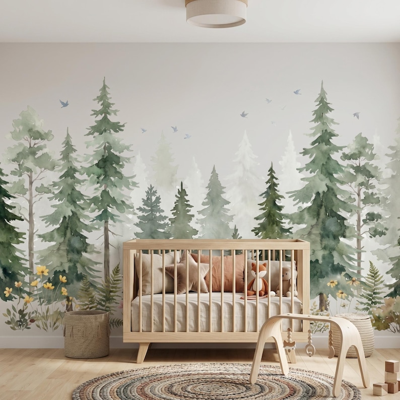 Pine Tree Forest Nursery Woodland Mural Peel and Stick Wallpaper, Kids ...