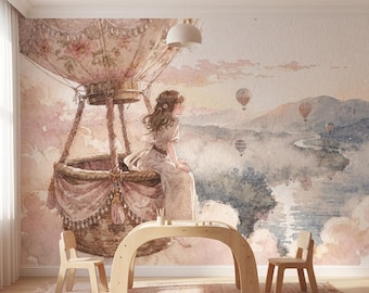 Watercolor Whimsical Hot Air Pink Boho Balloon Girl Peel and Stick Wallpaper Mural, Fantasy Dreamy Kids Nursery Room Wall Art Decor