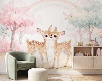 Watercolor Deer Forest Wall Mural, Pastel Rainbow Nursery Wallpaper, Woodland Animal Playroom Decor, Enchanted Nature Wall Art