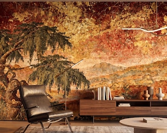 Fresco Landscape Wallpaper, Antique Tree Mural Wall Decor, Earthy Old World Aesthetic, Rustic Tuscan Style Room Refresh