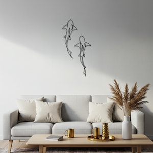 Minimale dolfijn metalen muurkunst, modern zeedier decor, tweedelig oceaansculptuur voor kustwoonkamer, uniek nautisch cadeau-idee