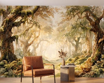 Enchanted Misty Forest Watercolor Wall Mural, Mossy Green Tree Nature Wallpaper, Ethereal Woodland Landscape Decor, Forest Wall Art