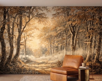 Forest Etching Wallpaper Mural, Sepia Misty Woodland Landscape, Antique Tree Nature Wall Decor, Rustic Cabin Aesthetic