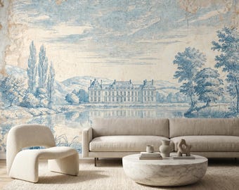 Blue Landscape French Countryside Toile Wall Mural, Grand Estate Wall Decor, Classic Chateaux Home Accent, Elegant Scenery Wallpaper