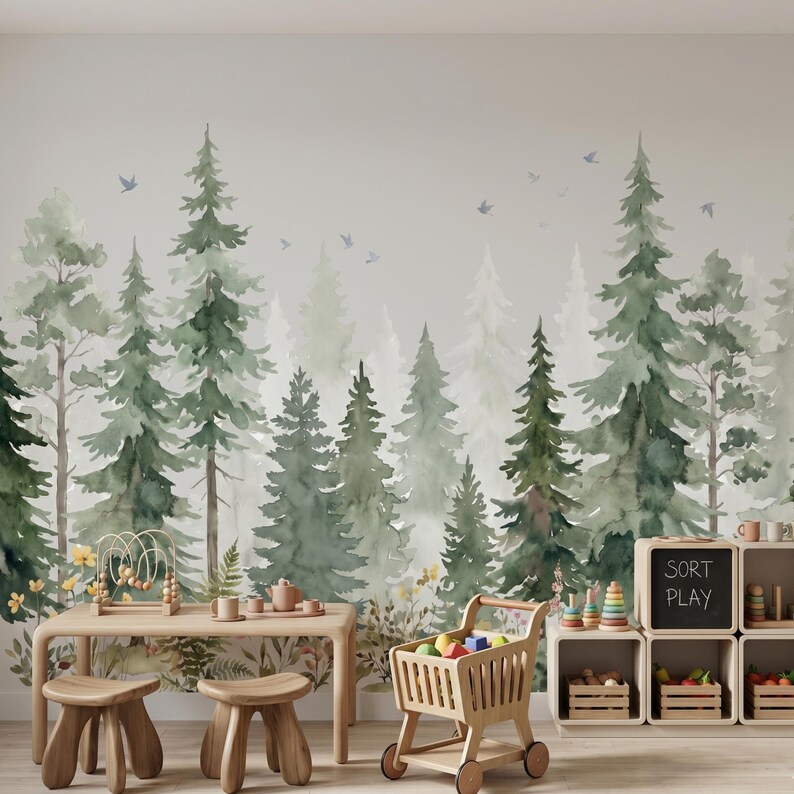 Pine Tree Forest Nursery Woodland Mural Peel and Stick Wallpaper, Kids ...