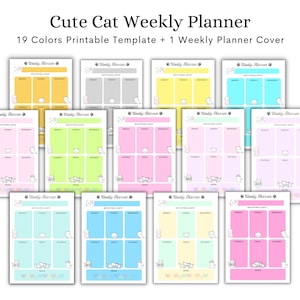 Könnte beinhalten: Ein Satz von 19 druckbaren Wochenplaner-Vorlagen mit niedlichen Comic-Katzen in verschiedenen Farben. Die Vorlagen enthalten Abschnitte für Motivationszitate, Montag bis Sonntag und Notizen.