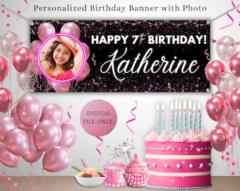 Personalized Photo Birthday Banner: Pink Party Decor (Digital Download)