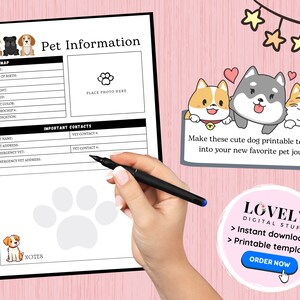 Puede incluir: Una plantilla de diario para mascotas imprimible con un dise&ntilde;o en blanco y negro. La plantilla incluye secciones para informaci&oacute;n de la mascota, contactos importantes y notas. El diario presenta un dise&ntilde;o de huella de pata y lindos perros de dibujos animados.