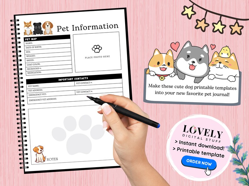 Puede incluir: Una plantilla de diario para mascotas imprimible con un dise&ntilde;o en blanco y negro. La plantilla incluye secciones para informaci&oacute;n de la mascota, contactos importantes y notas. El diario presenta un dise&ntilde;o de huella de pata y lindos perros de dibujos animados.