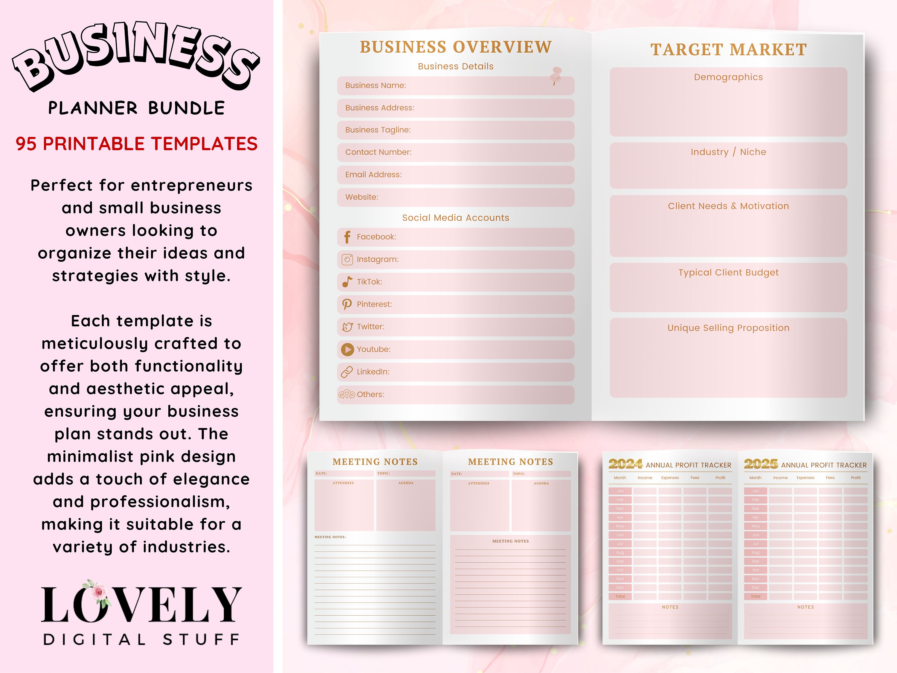 Pink Business Planner Bundle, 95 Printable Business Notebook Templates ...