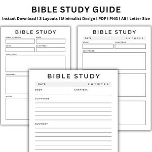 Könnte beinhalten: Drei druckbare Bibelstudien-Tagebuchseiten mit minimalistischem Design. Jede Seite enthält Abschnitte für Datum, Buch, Kapitel, Schrift, Zusammenfassung und Notizen.