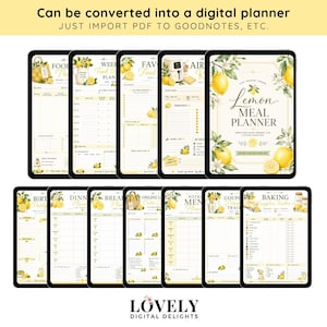 Può includere: Un set di pianificatori di pasti digitali con illustrazioni di limoni e testo che include Lemon Meal Planner, Food Tracker, Weekly Food Plan, Favorite Food Tracker, Air Fryer Recipes, Birthday Party, Dinner Planner, Breakfast Planner e Baking Supplies Tracker.