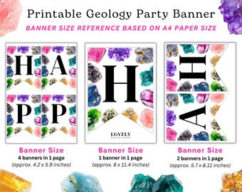 May include: Printable banner for a geology party with the word "Happy" spelled out in large black letters. The background of each banner is a white pattern of colorful gemstones. The banner size reference is based on A4 paper size.  The banner sizes are 4.2 x 5.9 inches, 8 x 11.4 inches, and 5.7 x 8.11 inches.