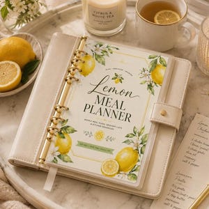 May include: A cream-colored ring-bound meal planner with a gold metal spine. The cover features a botanical lemon print with green leaves and white blossoms. The text reads Lemon MEAL PLANNER, Weekly Meal Plans, Grocery Lists & Kitchen Organizer.