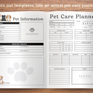 Puede incluir: Un planificador de cuidado de mascotas imprimible con secciones para informaci&oacute;n de la mascota, contactos importantes, comidas, golosinas, tiempo al aire libre, tiempo de sue&ntilde;o, art&iacute;culos de aseo, estado de &aacute;nimo general, actividad, medicamentos, suministros necesarios y notas. El planificador presenta un dise&ntilde;o de huella de pata y el texto "Pet Care Planner" y "Lovely Digital Store".