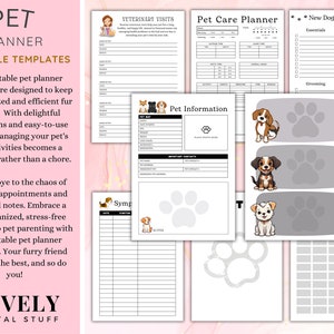 Puede incluir: Plantillas de planificador de mascotas imprimibles con lindas ilustraciones de perros. El planificador incluye secciones para visitas veterinarias, cuidado de mascotas, informaci&oacute;n de mascotas y una lista de verificaci&oacute;n para perros nuevos.