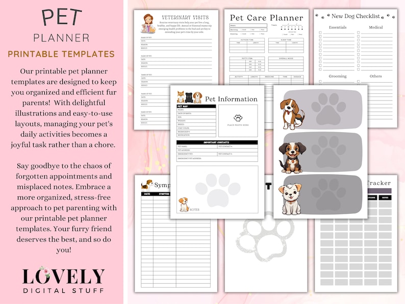 Puede incluir: Plantillas de planificador de mascotas imprimibles con lindas ilustraciones de perros. El planificador incluye secciones para visitas veterinarias, cuidado de mascotas, informaci&oacute;n de mascotas y una lista de verificaci&oacute;n para perros nuevos.