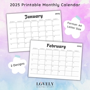 Calendário mensal para impressão 2025, calendário minimalista, modelo de calendário simples, calendário 2025, calendário de 12 meses, paisagem, uso comercial