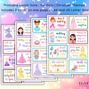 Pode incluir: Notas de almoço imprimíveis para meninas com tema cristão. As notas apresentam ilustrações de princesas e citações inspiradoras. Projetadas para impressão em papel A4 e tamanho carta dos EUA, com 8 cartões.