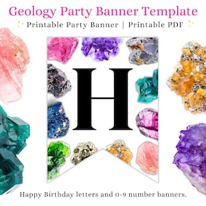 Bannière joyeux anniversaire géologie, modèle PDF de bannière de fête, bannière imprimable à thème géologie, soirée à thème géologie, mises en page de bannière de fête minéraux
