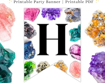 May include: Printable banner template featuring the letter H surrounded by colorful gemstones. The banner is designed for a geology themed party and includes the text "Geology Party Banner Template", "Printable Party Banner", "Printable PDF", and "Happy Birthday letters and 0-9 number banners."