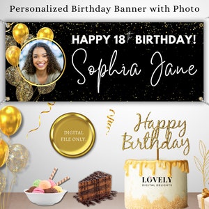 Personalized Birthday Banner with Picture, Customized Birthday Party Banner, Black and Gold Party Photo Backdrop, Birthday Party Decoration
