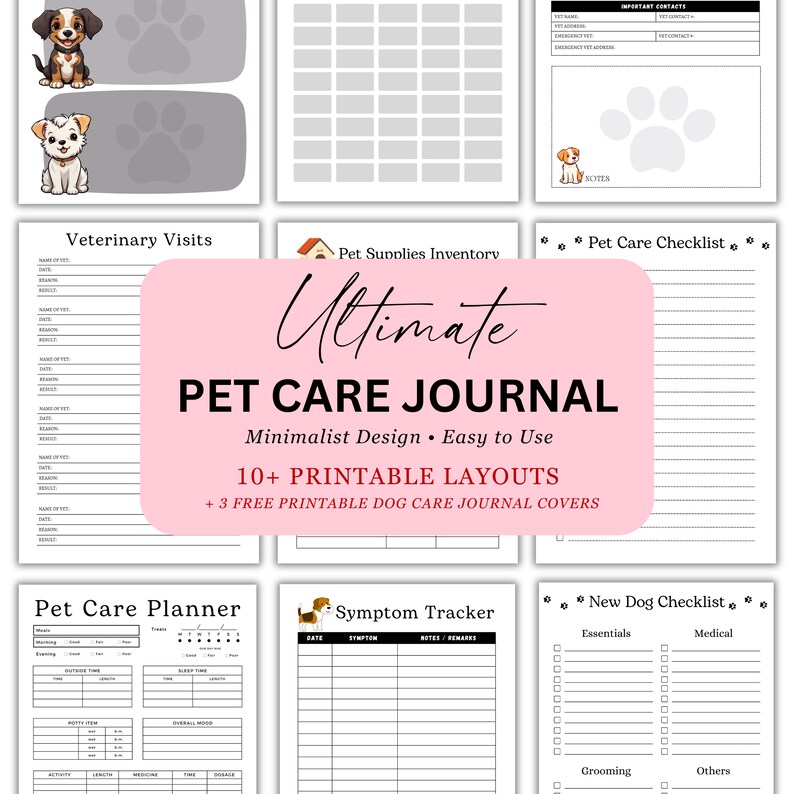Puede incluir: Diario de cuidado de mascotas imprimible con m&aacute;s de 10 dise&ntilde;os y 3 cubiertas gratuitas. El diario incluye secciones para visitas veterinarias, inventario de suministros para mascotas, lista de verificaci&oacute;n de cuidado de mascotas, planificador de cuidado de mascotas, seguimiento de s&iacute;ntomas y una lista de verificaci&oacute;n para perros nuevos.