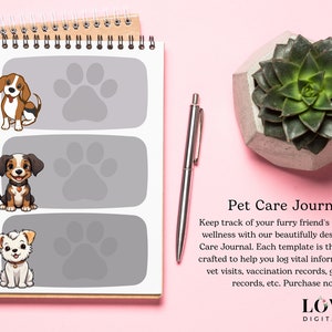 Puede incluir: Un diario de cuidado de mascotas imprimible con una portada gris y blanca con tres perros de dibujos animados y huellas de patas. El texto "Pet Care Journal" est&aacute; en la parte inferior de la p&aacute;gina. El texto "Keep track of your furry friend's health and wellness with our beautifully designed Dog Care Journal. Each template is thoughtfully crafted to help you log vital information like vet visits, vaccination records, grooming records, etc. Purchase now!" est&aacute; debajo del t&iacute;tulo del diario. El texto "LOVELY DIGITAL STUFF" est&aacute; en la parte inferior de la p&aacute;gina.