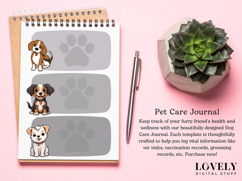 Puede incluir: Un diario de cuidado de mascotas imprimible con una portada gris y blanca con tres perros de dibujos animados y huellas de patas. El texto "Pet Care Journal" est&aacute; en la parte inferior de la p&aacute;gina. El texto "Keep track of your furry friend's health and wellness with our beautifully designed Dog Care Journal. Each template is thoughtfully crafted to help you log vital information like vet visits, vaccination records, grooming records, etc. Purchase now!" est&aacute; debajo del t&iacute;tulo del diario. El texto "LOVELY DIGITAL STUFF" est&aacute; en la parte inferior de la p&aacute;gina.