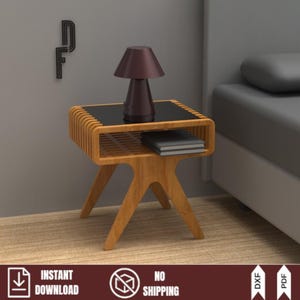 Projeto de mesa de cabeceira moderna de meados do século XX em formato DXF, planos paramétricos para mesa de cabeceira, arquivos CNC, design de mesa lateral em compensado, projeto de móveis faça você mesmo, PDF em escala 1:1