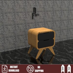 Two-tone modern nightstand render featuring a light wood body and contrasting black drawers. Another design possibility using these digital CNC DXF files and DIY woodworking plans.