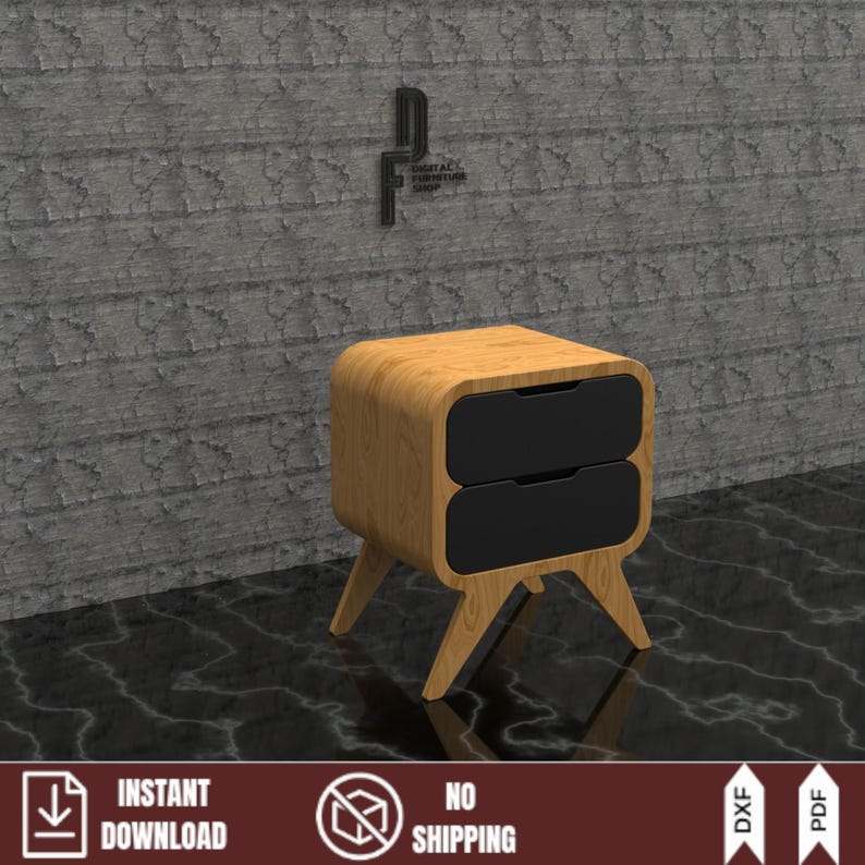 Two-tone modern nightstand render featuring a light wood body and contrasting black drawers. Another design possibility using these digital CNC DXF files and DIY woodworking plans.