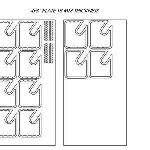 Nesting layout guide on a 4x8 ft plywood sheet. Optimized CNC cutting pattern for 18mm material thickness. Reduces waste and shows efficient parts arrangement.