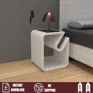 White modern side table with layered wood design. Scandinavian style bedroom furniture plan. Features a functional curved storage area for books. DIY woodworking templates.