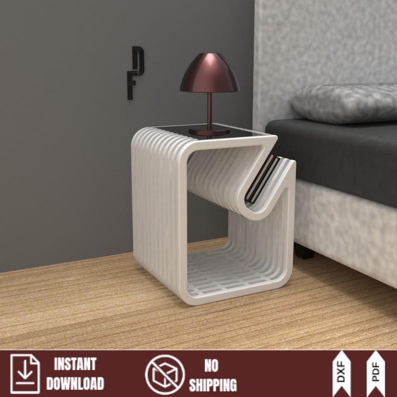 White modern side table with layered wood design. Scandinavian style bedroom furniture plan. Features a functional curved storage area for books. DIY woodworking templates.