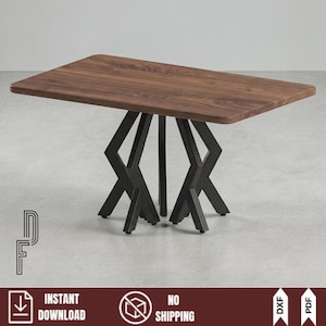 May include: A rectangular wooden table with a dark brown finish. The table is supported by a black metal base with a geometric design. The table is approximately 60 inches long and 30 inches wide.