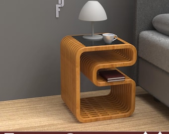 Modern Curved Side Table DXF, 1:1 Scale PDF Plans, Parametric Nightstand, Minimalist DIY Bedside Shelf, Cnc Files