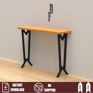 Op de afbeelding: Een houten console met een lichtbruin blad en zwarte metalen poten. De poten hebben een uniek V-vormig ontwerp. De tafel staat tegen een lichtgrijze muur en een houten vloer. De afbeelding bevat ook de tekst "INSTANT DOWNLOAD" en "NO SHIPPING".