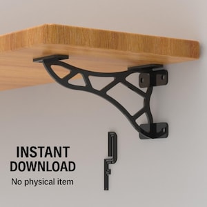 Puede incluir: Soportes de estante de metal negro con un diseño calado decorativo que sostiene un estante de madera. La imagen incluye el texto "INSTANT DOWNLOAD" y "No physical item".