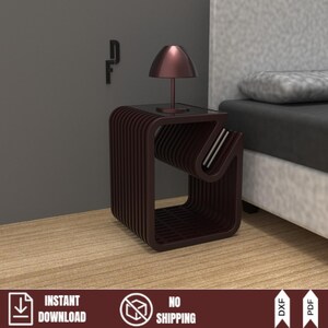 Black minimalist bedside table with a futuristic parametric design. Unique nightstand featuring a built-in book storage slot. Instant download vector files for CNC cutting.