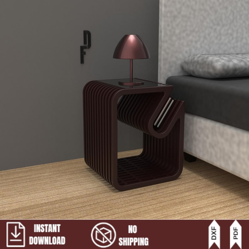 Black minimalist bedside table with a futuristic parametric design. Unique nightstand featuring a built-in book storage slot. Instant download vector files for CNC cutting.