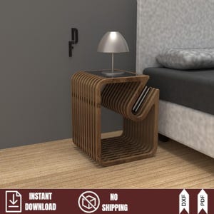 Modern parametric wooden nightstand render. Stylish bedside table design with a curved magazine rack shelf. Digital CNC furniture plans (DXF/PDF) for plywood DIY projects.
