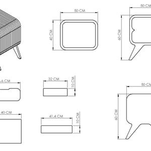 Technical drawing blueprint showing detailed dimensions of the modern curved nightstand. Height 60 cm, width 50 cm, depth 40 cm. Includes isometric views for the DIY CNC plan.