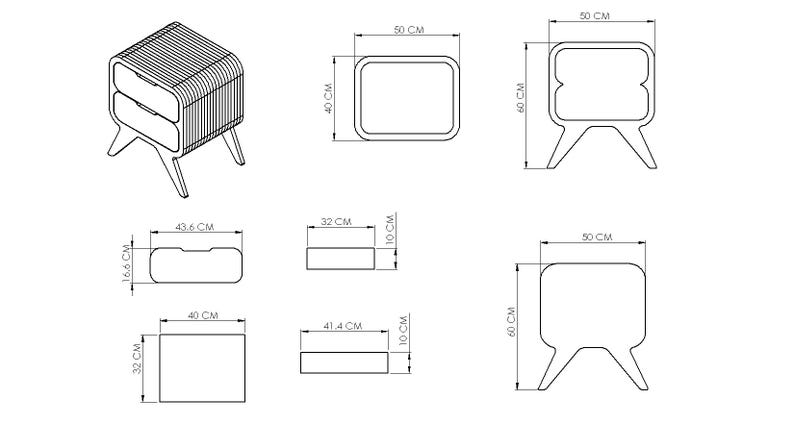 Technical drawing blueprint showing detailed dimensions of the modern curved nightstand. Height 60 cm, width 50 cm, depth 40 cm. Includes isometric views for the DIY CNC plan.