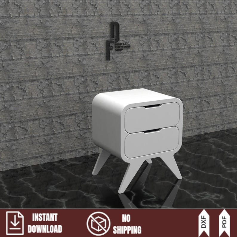 Modern white curved bedside table render. A sleek two-drawer nightstand design, showcasing the potential build from the digital CNC router files and PDF plans