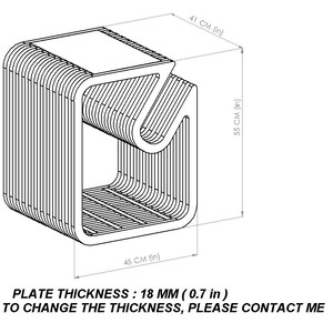 Technical dimension drawing of the nightstand. Wireframe blueprint showing height 55 cm, width 41 cm, and depth 45 cm. Detailed size guide for the finished furniture piece.