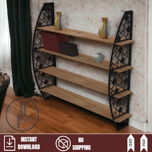 モダンな本棚DXF、幾何学模様の金属棚の設計図、レーザーカット家具ファイル、リビングルームのディスプレイラック、CNCベクター、即時ダウンロード