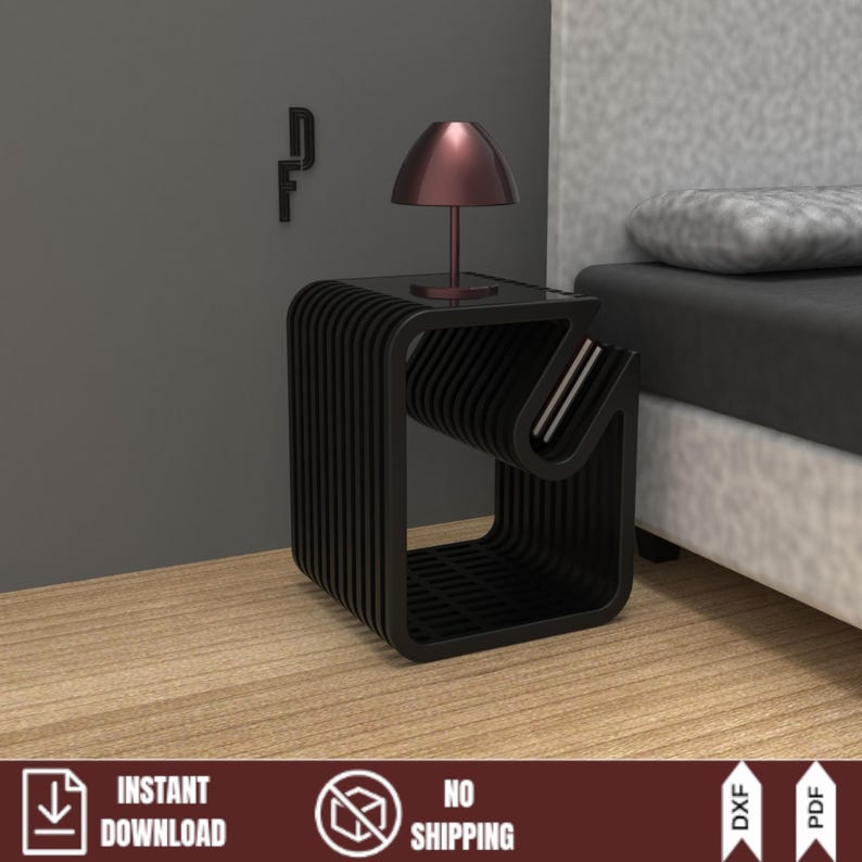 Black minimalist bedside table with a futuristic parametric design. Unique nightstand featuring a built-in book storage slot. Instant download vector files for CNC cutting.